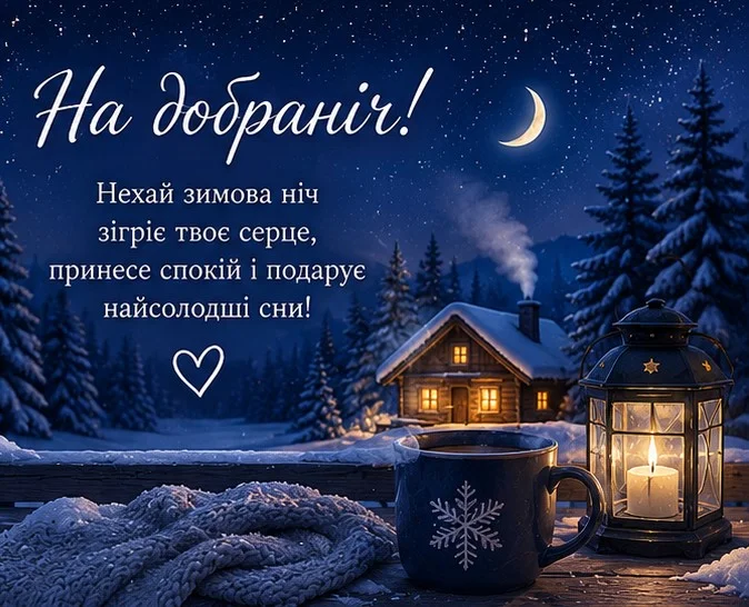 Затишна зимова листівка із засніженим краєвидом, теплим чаєм у теплій атмосфері та ліхтариком