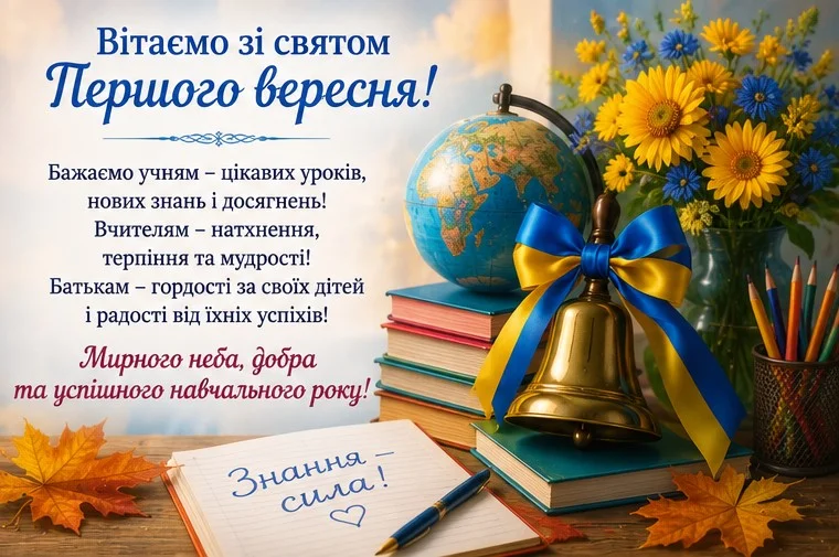 Гарна листівка для школярів та вчителів, осіннім листям, шкільним приладдям та деякими деталями у жовто-блакитній гамі - чудовий спосіб привітати з 1 вересня