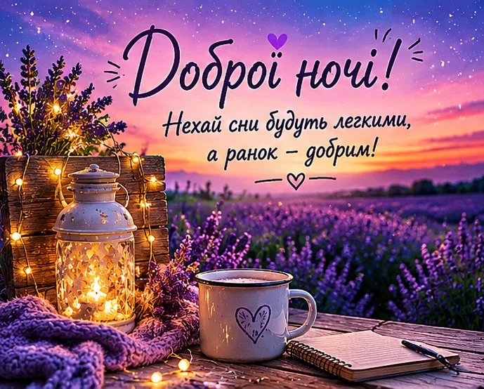 Естетичне вечірнє фото з ліхтариком, горнятком та квітами лаванди створює затишну та заспокійливу атмосферу