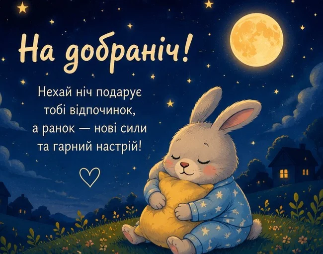 Нічна картинка із сонним зайчиком, що обіймає подушку під повним місяцем
