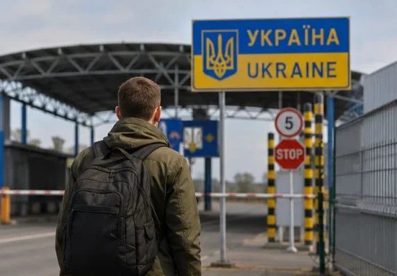 Чоловік із рюкзаком стоїть біля пункту пропуску на кордоні України