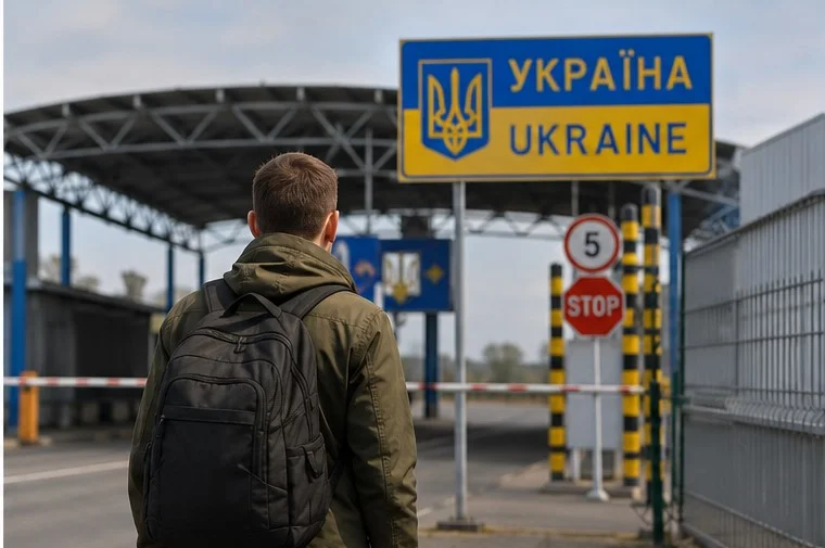 Чоловік із рюкзаком стоїть біля пункту пропуску на кордоні України