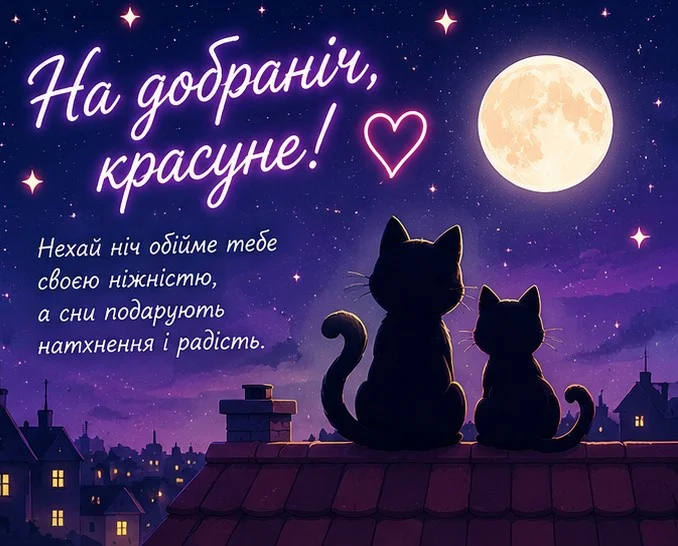Романтичне неонове привітання з котами, які дивляться на повний місяць