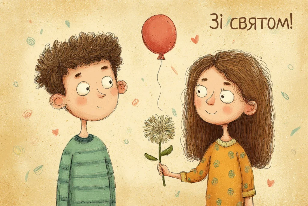 Мила ілюстрація з хлопчиком і дівчинкою та квіткою