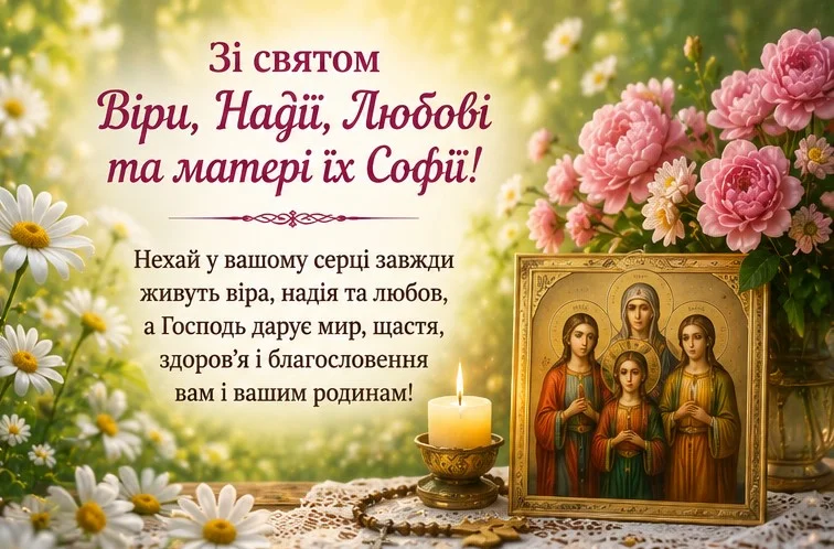 Ніжна, заквітчана листівка з іконою, свічкою та глибоким духовним побажанням