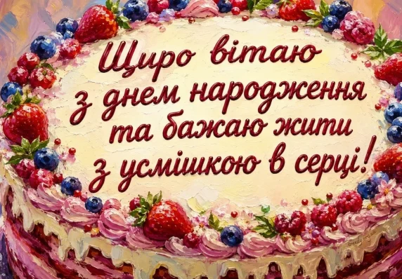 Яскраве та апетитне зображення святкового торта, щедро прикрашеного свіжими полуницями та чорницями