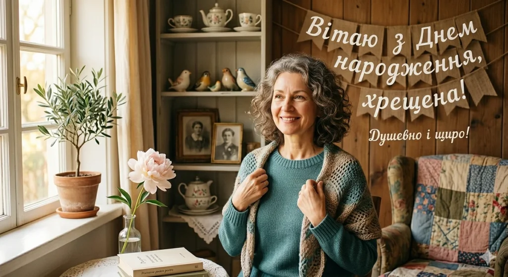 Жінка біля вікна посміхається
