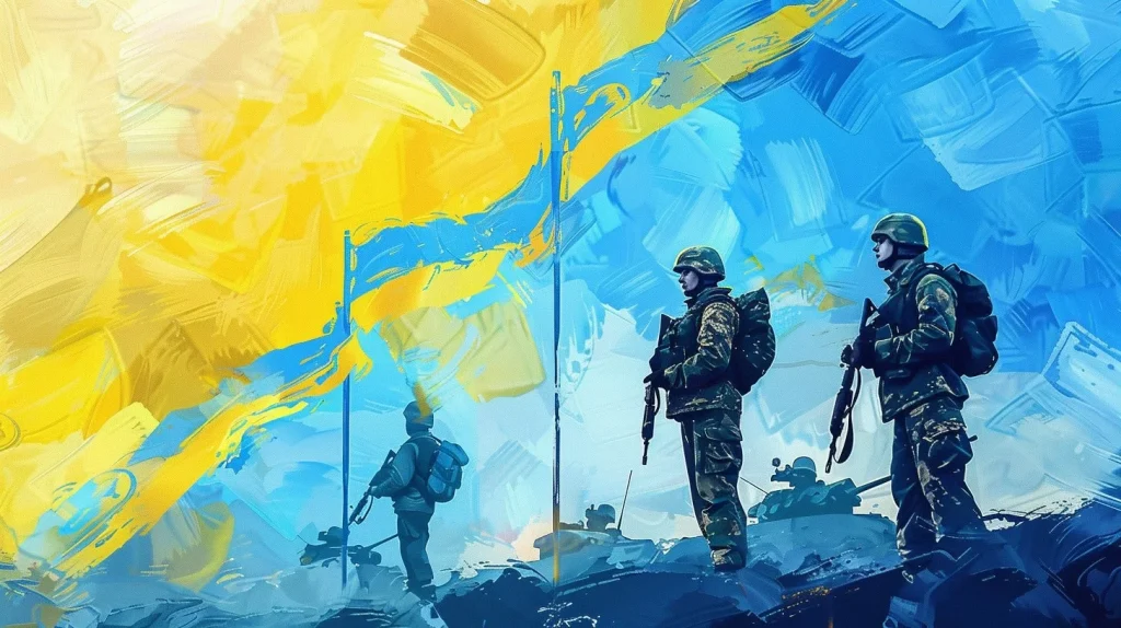 Ілюстрація з українськими захисниками в амуніції в жовто-блакитних кольорах