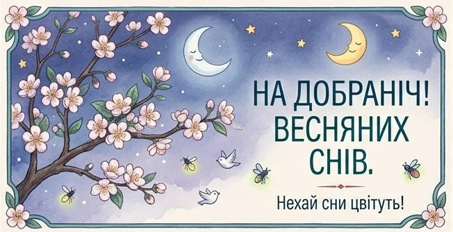 Мальована акварельна листівка у вінтажному стилі з квітучим деревом, птахами та комахами