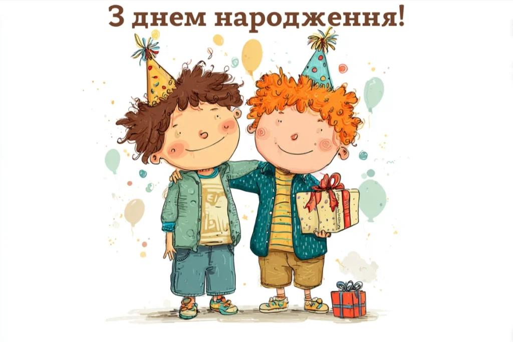 Мальована листівка з двома веселими друзями і подарунком