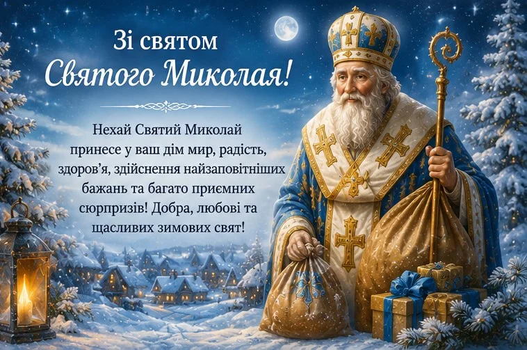 Естетична листівка у синьо-золотій гамі містить все, що асоціюється з зимовими святами - засніжені краєвиди, ялинки, подарунки, зображення Святого Миколая