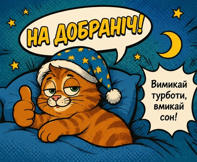 Яскрава та гумористична листівка у стилі коміксу з рудим котом, який показує великий палець