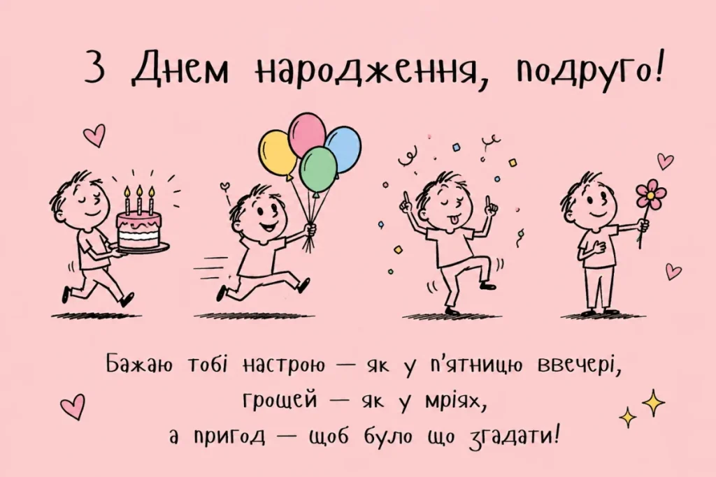 Кумедна листівка для подруги з веселими персонажами