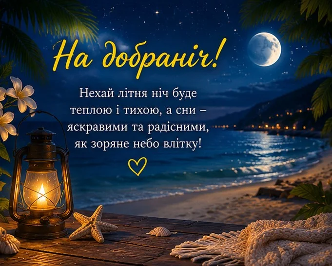 Атмосферне літнє побажання на тлі нічного моря, пальм та старовинного ліхтаря