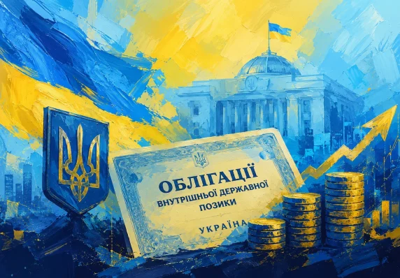 Ілюстрація про облігації внутрішньої державної позики України у синьо-жовтому стилі