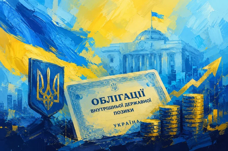 Ілюстрація про облігації внутрішньої державної позики України у синьо-жовтому стилі