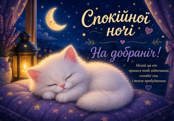 Милий пухнастий білий котик спить у затишній вечірній кімнаті під зоряним небом