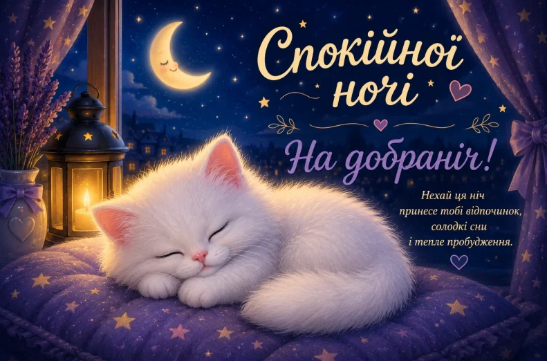 Милий пухнастий білий котик спить у затишній вечірній кімнаті під зоряним небом