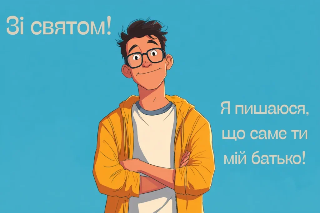 Намальований хлопець із текстом подяки та привітанням батькові