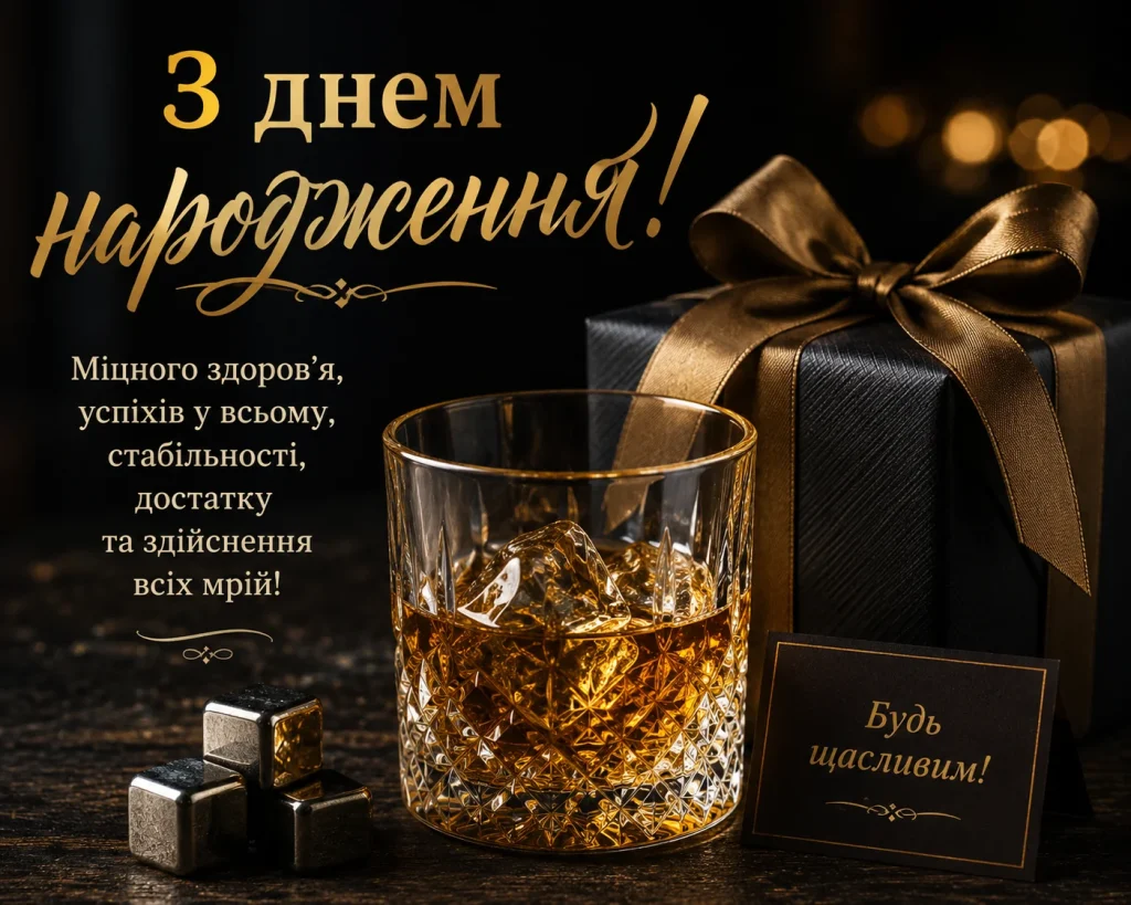 склянка віски та подарунок у золото-чорних тонах