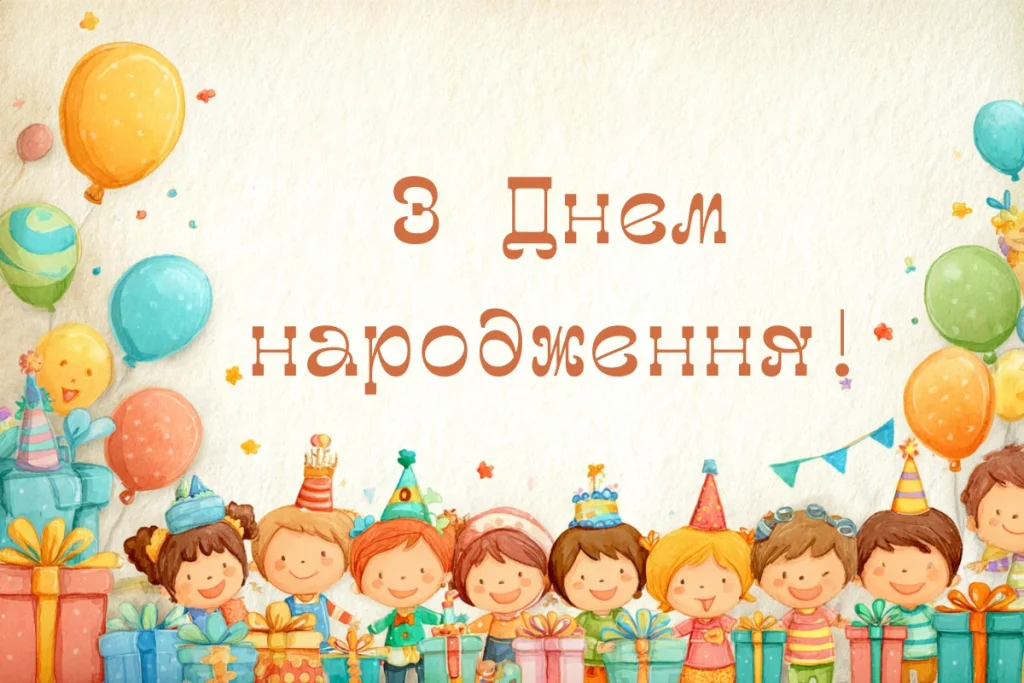Листівка з дітьми, подарунками і написом З Днем народження!