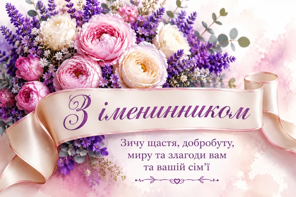 Квіти в фіолетових тонах з словами привітань з іменинником