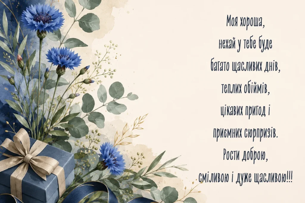 Квіткова листівка з подарунком і теплим привітанням для дівчинки