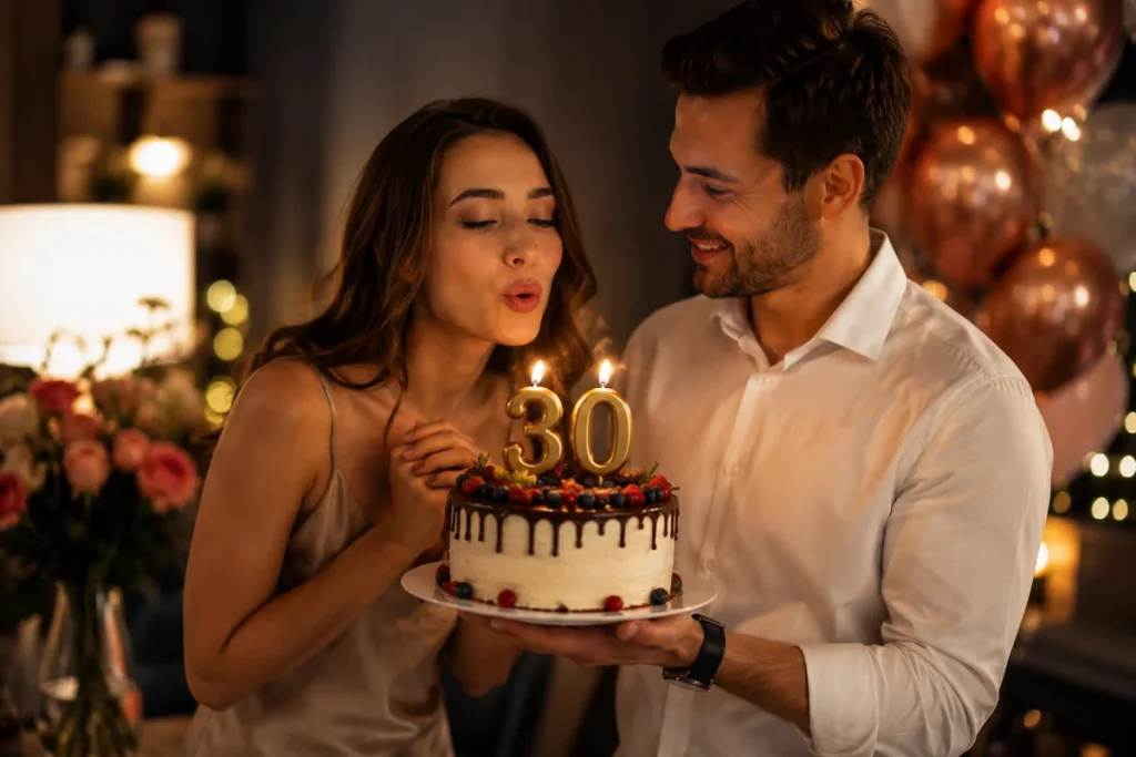 Жінка задуває на торті цифру 30