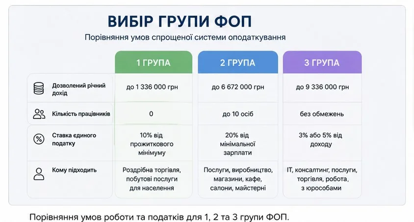 Порівняння умов роботи та оподаткування для 1,2 та 3 груп платників