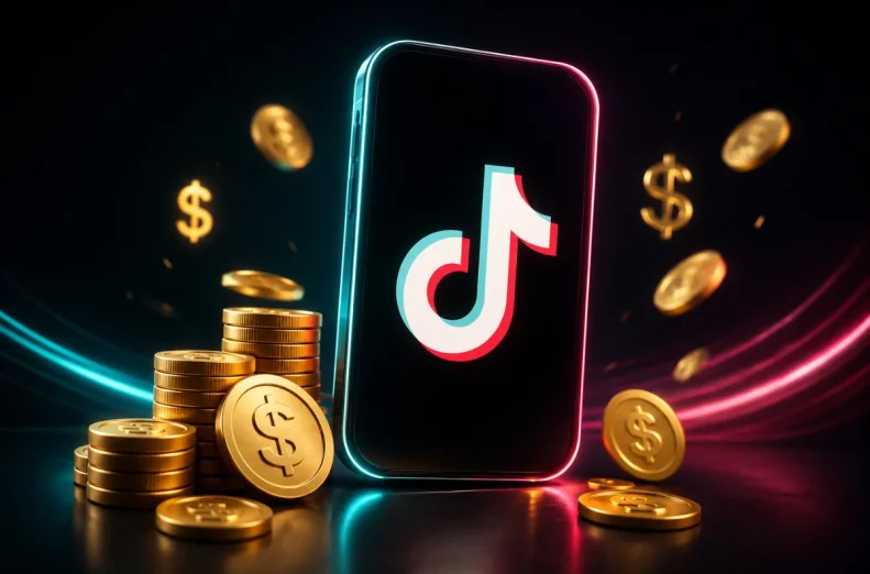 Телефон із TikTok і золоті монети навколо