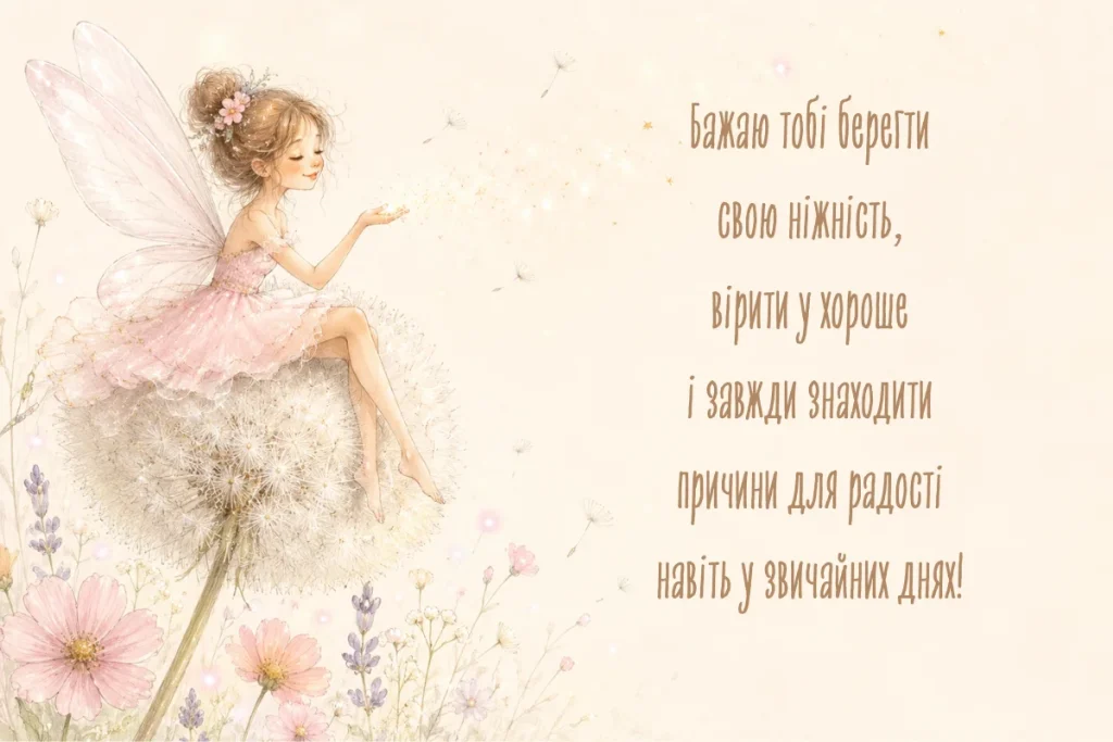 Фея на кульбабі з ніжним побажанням