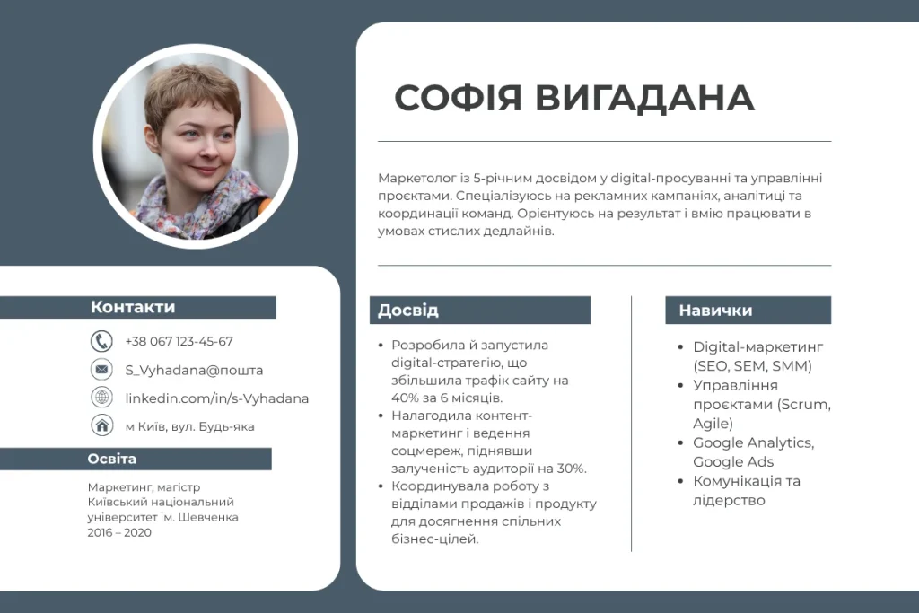 Приклад резюме маркетолога з блоками досвіду та навичок