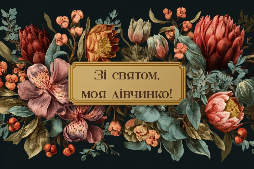 Темна квіткова листівка з написом Зі святом