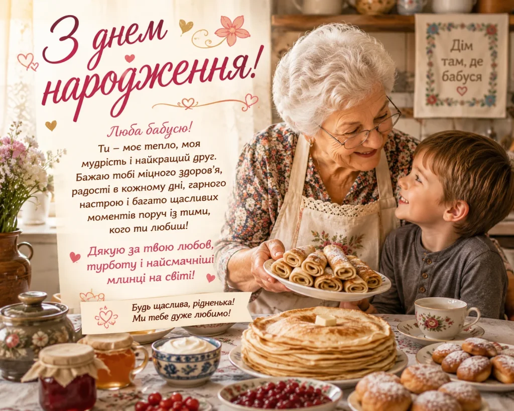 Бабуся пригощає внука млинцями