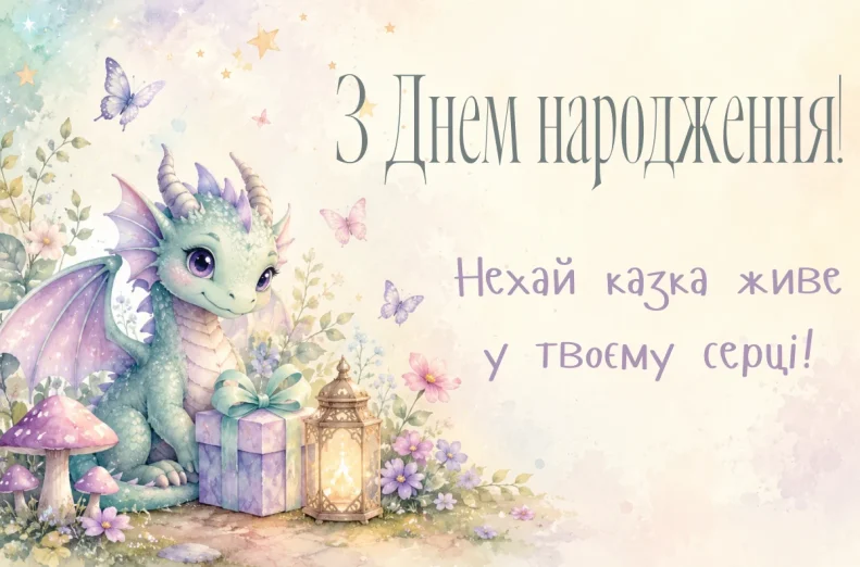 Маленький дракончик серед подарунків і ліхтариків із побажанням