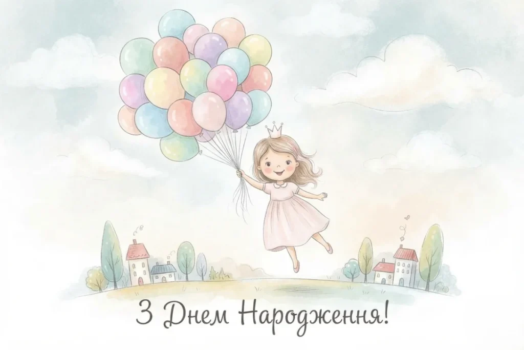 Дівчинка летить на різнокольорових кульках над містечком