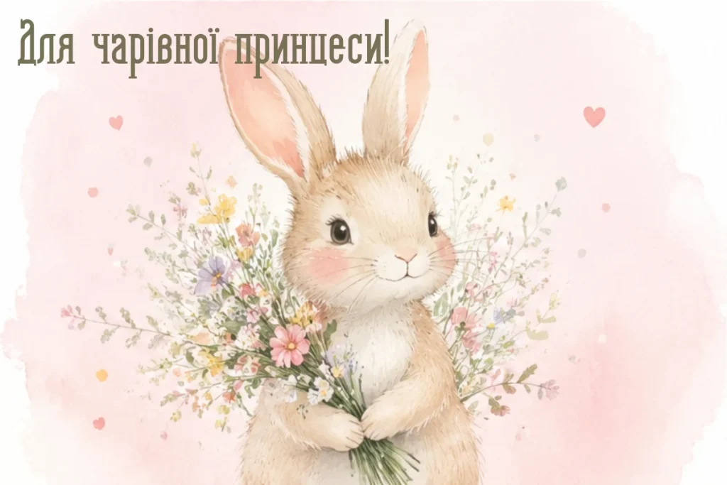 Акварельний зайчик із букетом польових квітів для маленької принцеси