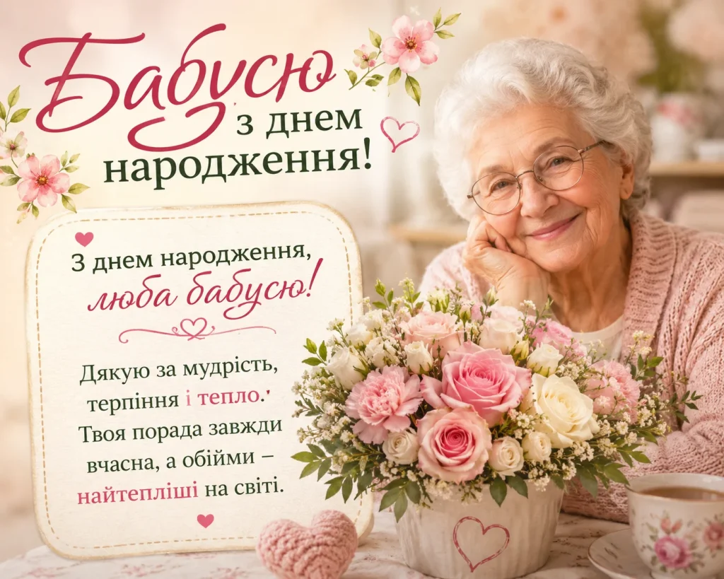 Бабуся за столом, квіти та чай