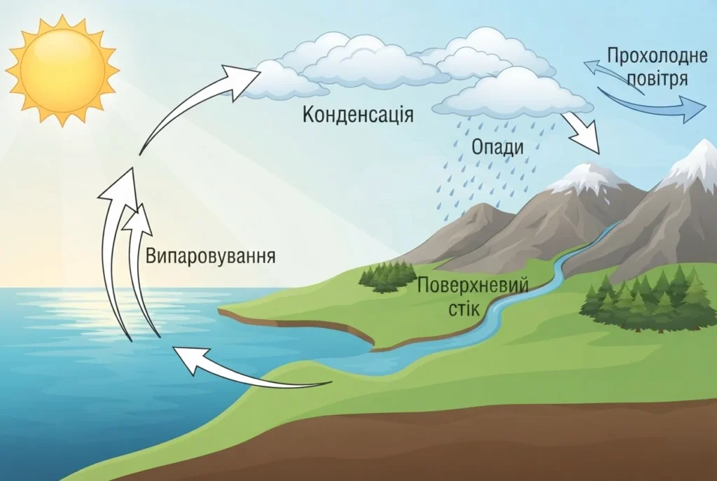 Схема кругообігу води в природі з хмарами, опадами та річкою