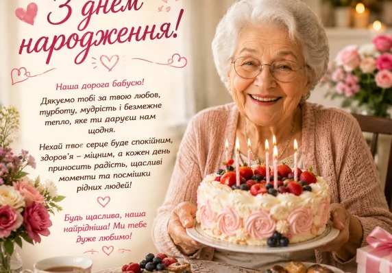 Бабуся тримає святковий торт зі свічками