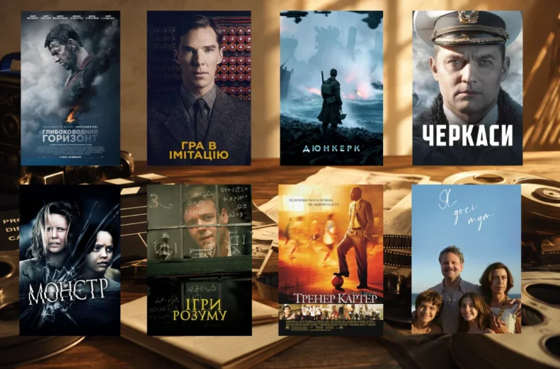 Колаж із постерами фільмів на кінематографічному фоні з кіноплівкою та камерою