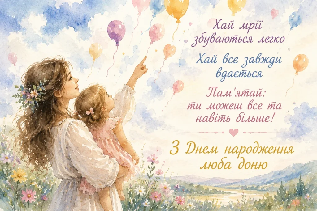 Мама показує доні повітряні кульки що летять в небі