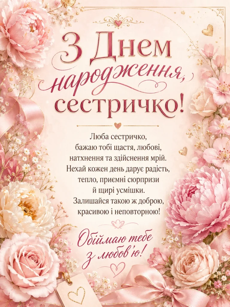 привітання для сестри із рожевими квітами