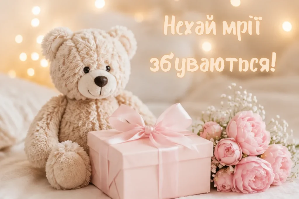 Плюшевий ведмедик поруч із рожевою коробкою та півоніями