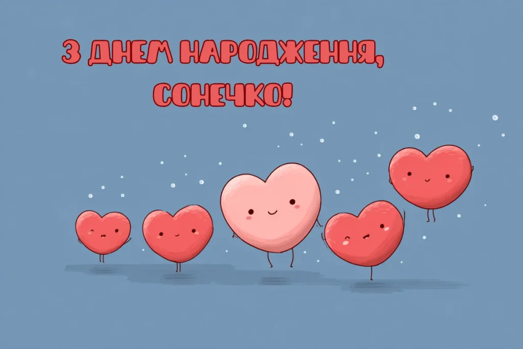 Рожеві сердечка з усмішками на синьому тлі і напис З днем народження
