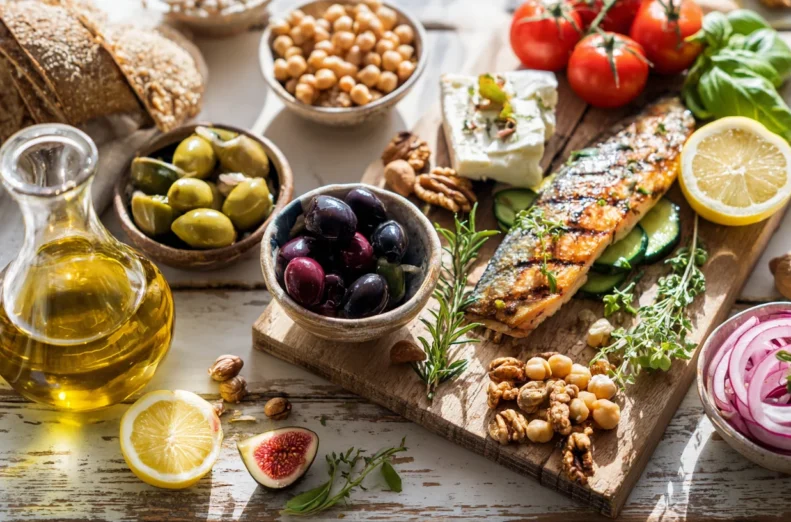 Середземноморські продукти на столі: запечена риба, оливки, оливкова олія, нут, горіхи, овочі, сир, лимон і цільнозерновий хліб