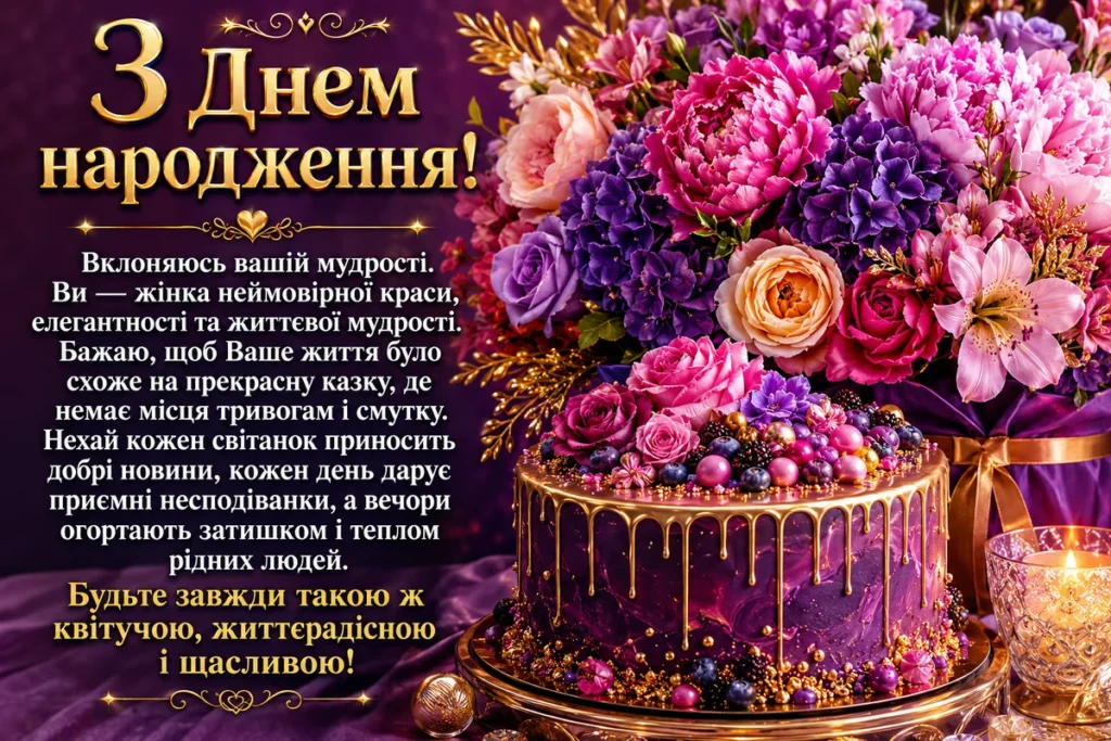 Розкішний букет яскравих квітів та торт
