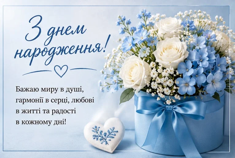 Біло-блакитна універсальна листівка з простими, щирими побажаннями до дня народження жінки
