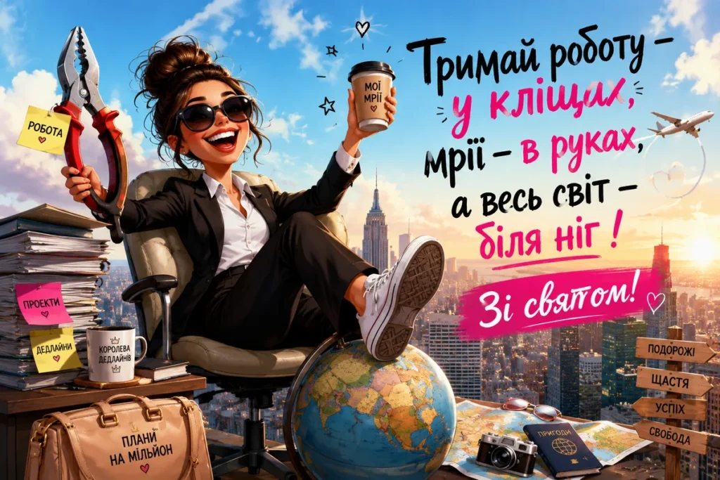 Яскрава ілюстрація усміхненої дівчини в діловому костюмі з великими кліщами та чашкою кави на тлі Нью-Йорка, глобуса, мапи й валізи