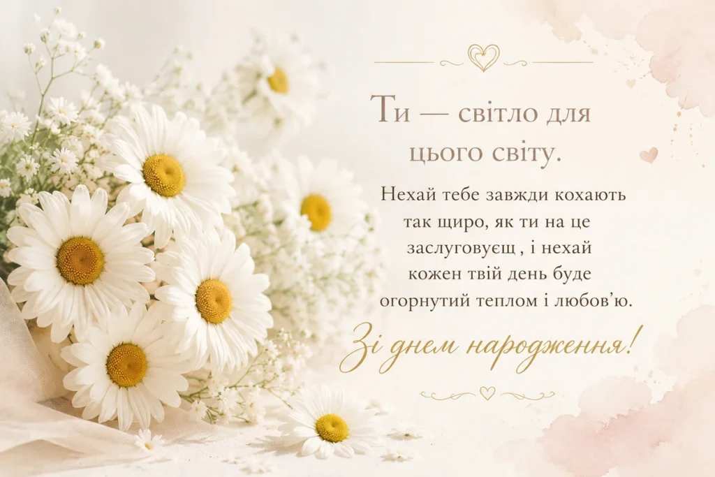 Ніжні ромашки з теплими словами привітань для жінки